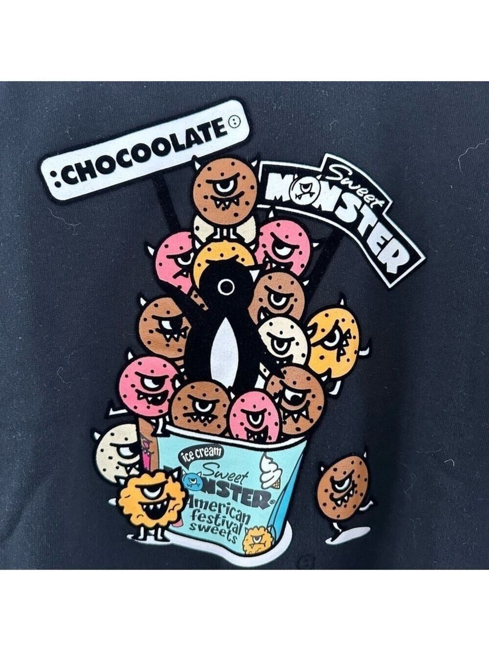 CHOCOOLATE SWEET MONSTER  BLACK FLOCKED SWEATSHIRT YOUTH SIZE MEDIUM